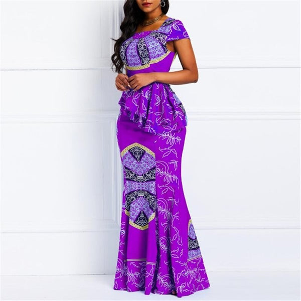 Geometric Mermaid Square Neck Floor-Length High Waist Maxi Dress