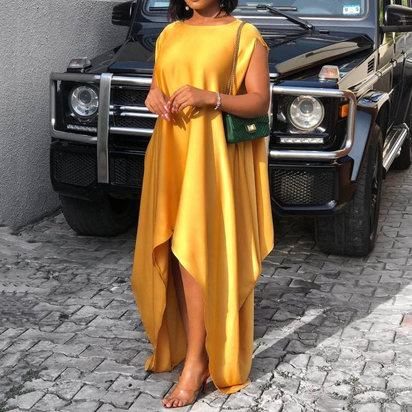 Asymmetric Yellow Floor Length Short Sleeve Loose Women's Dress