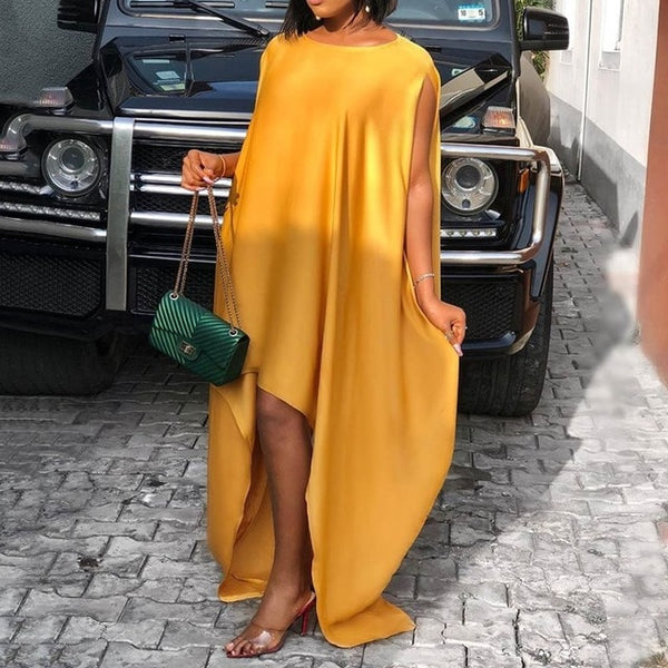 Asymmetric Yellow Floor Length Short Sleeve Loose Women's Dress