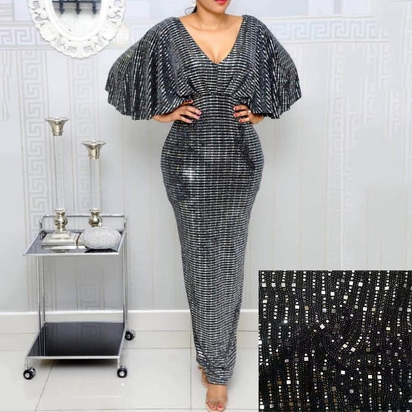 Gray Long Pencil High Waist Backless Sequin Glitter Maxi Dress