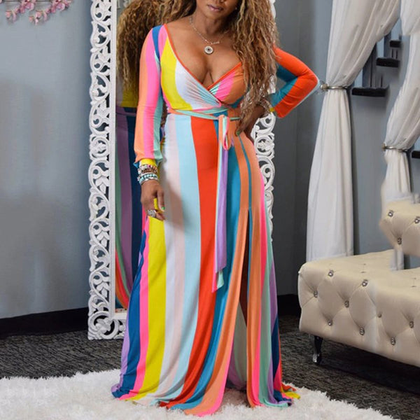 Rainbow Patchwork Long Sleeve Stripe Print Maxi Dress