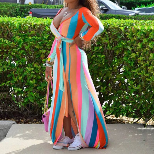 Rainbow Patchwork Long Sleeve Stripe Print Maxi Dress