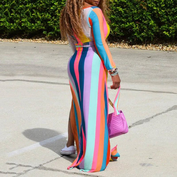 Rainbow Patchwork Long Sleeve Stripe Print Maxi Dress