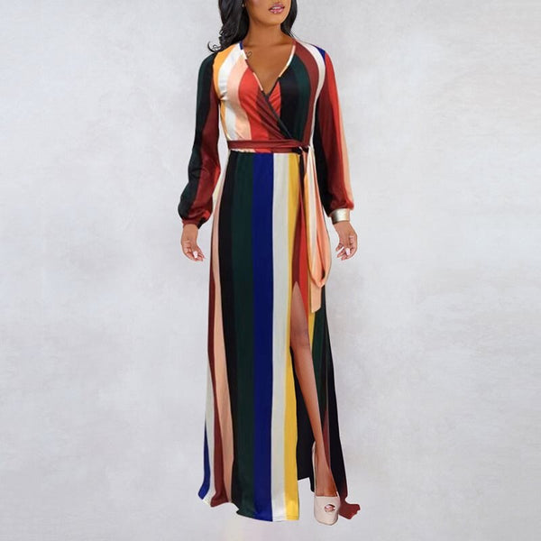 Rainbow Patchwork Long Sleeve Stripe Print Maxi Dress