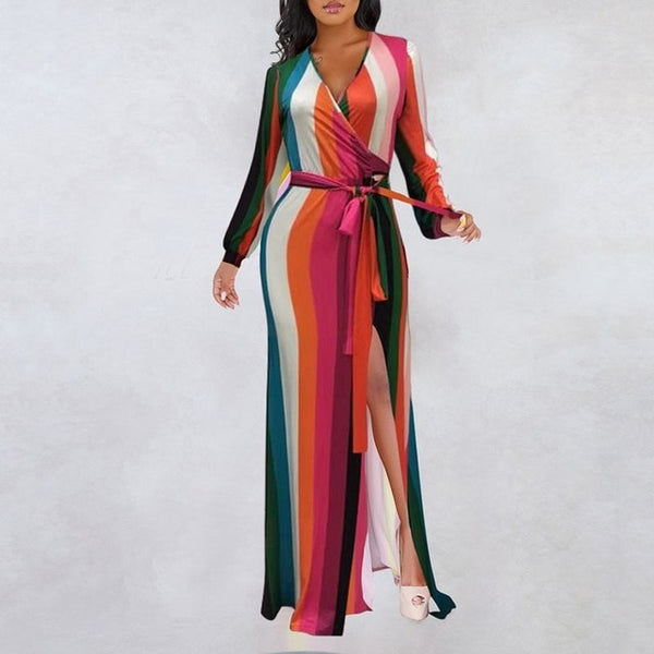 Rainbow Patchwork Long Sleeve Stripe Print Maxi Dress