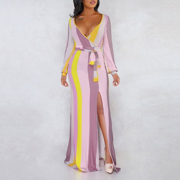 Rainbow Patchwork Long Sleeve Stripe Print Maxi Dress