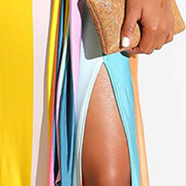 Rainbow Patchwork Long Sleeve Stripe Print Maxi Dress