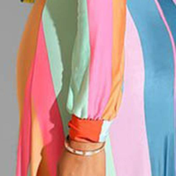 Rainbow Patchwork Long Sleeve Stripe Print Maxi Dress