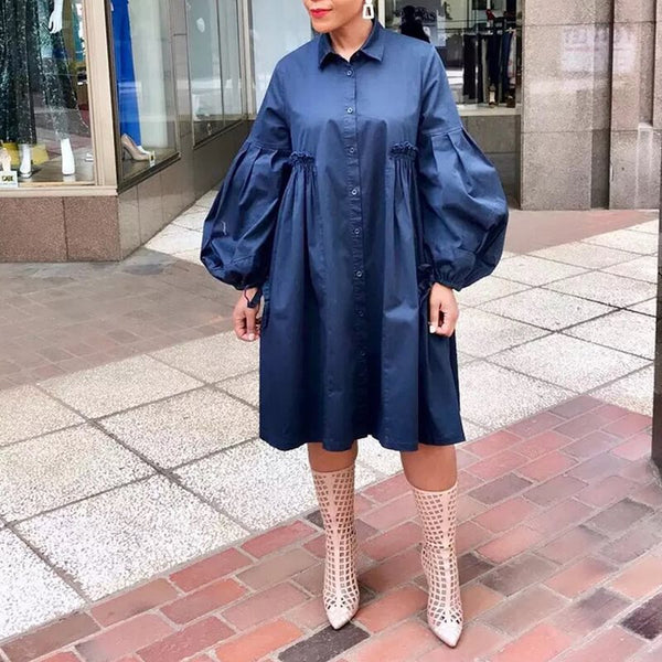 Plain Turn-down Collar Knee-Length Lantern Sleeve Casual Dress