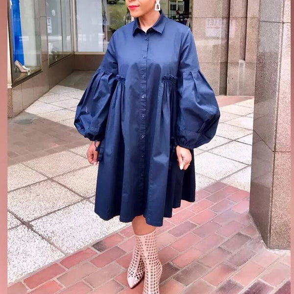 Plain Turn-down Collar Knee-Length Lantern Sleeve Casual Dress