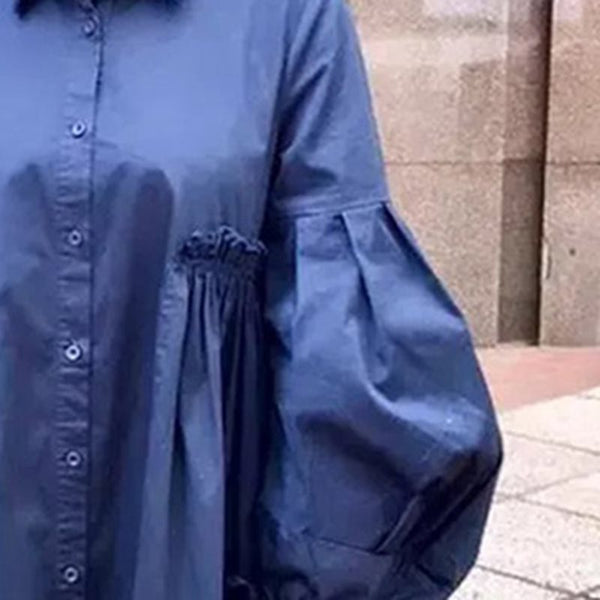Plain Turn-down Collar Knee-Length Lantern Sleeve Casual Dress