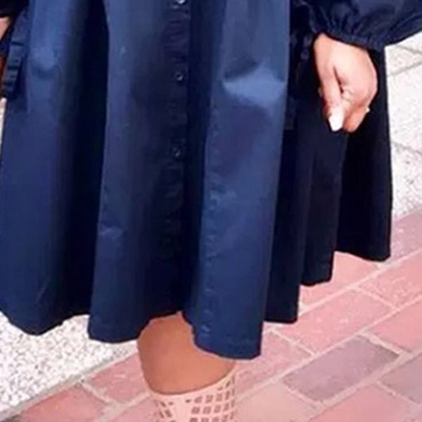 Plain Turn-down Collar Knee-Length Lantern Sleeve Casual Dress