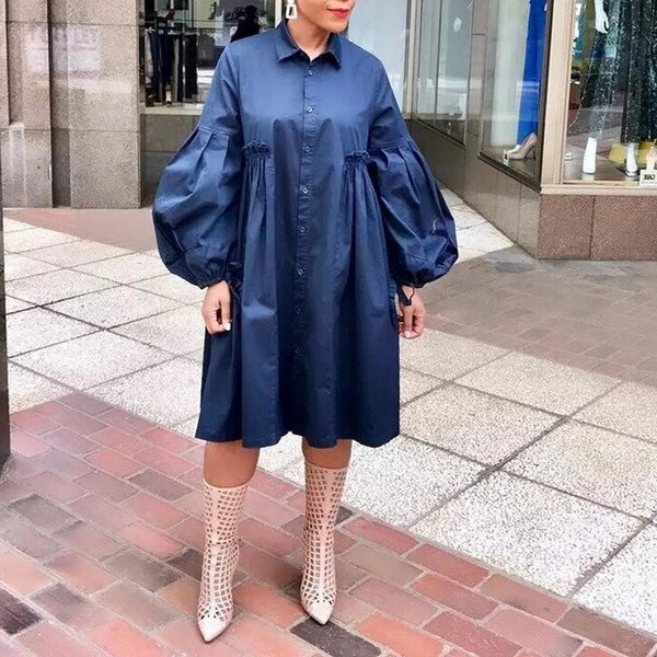 Plain Turn-down Collar Knee-Length Lantern Sleeve Casual Dress