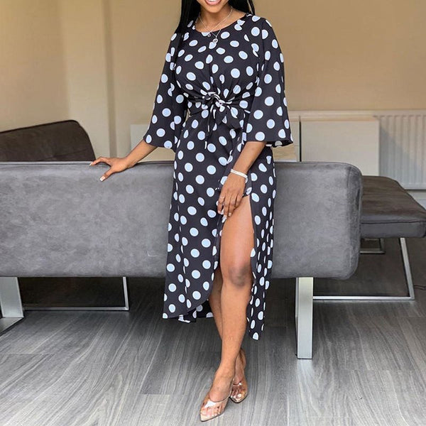 Asymmetric Polka Dot Split Round Neck High Waist Midi Dress