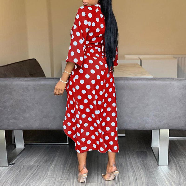 Asymmetric Polka Dot Split Round Neck High Waist Midi Dress