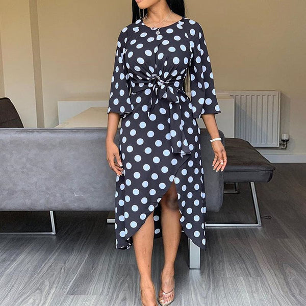 Asymmetric Polka Dot Split Round Neck High Waist Midi Dress