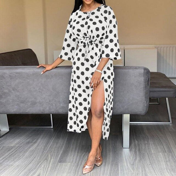 Asymmetric Polka Dot Split Round Neck High Waist Midi Dress