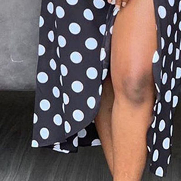 Asymmetric Polka Dot Split Round Neck High Waist Midi Dress