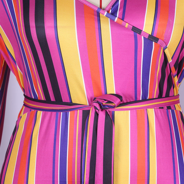 Striped Deep V-Neck Long Sleeve Sheath Wrap Retro Dresses