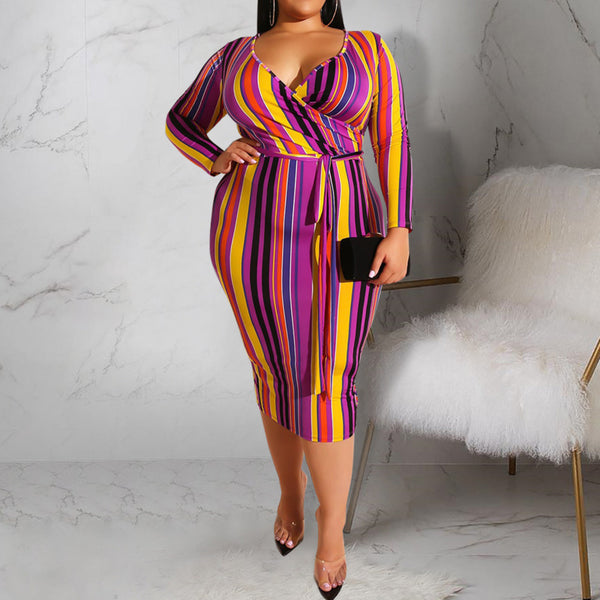 Striped Deep V-Neck Long Sleeve Sheath Wrap Retro Dresses