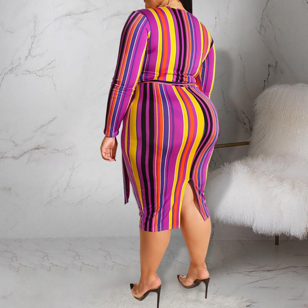 Striped Deep V-Neck Long Sleeve Sheath Wrap Retro Dresses
