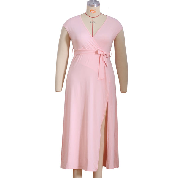 V-Neck Short Sleeve Ankle-Length Split  Boho Maxi Dress