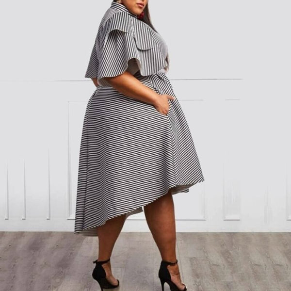 Striped Turtleneck Ruffles Sleeve Asymmetric A Line Midi Dress