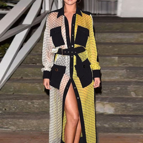 Fall Long Sleeve Polka Dot Print Color Block Maxi Dress