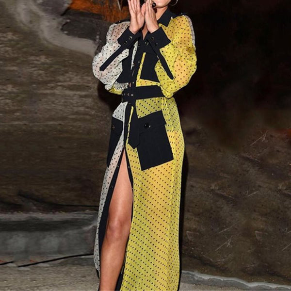 Fall Long Sleeve Polka Dot Print Color Block Maxi Dress