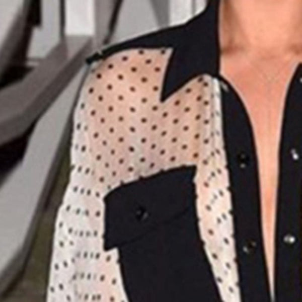 Fall Long Sleeve Polka Dot Print Color Block Maxi Dress