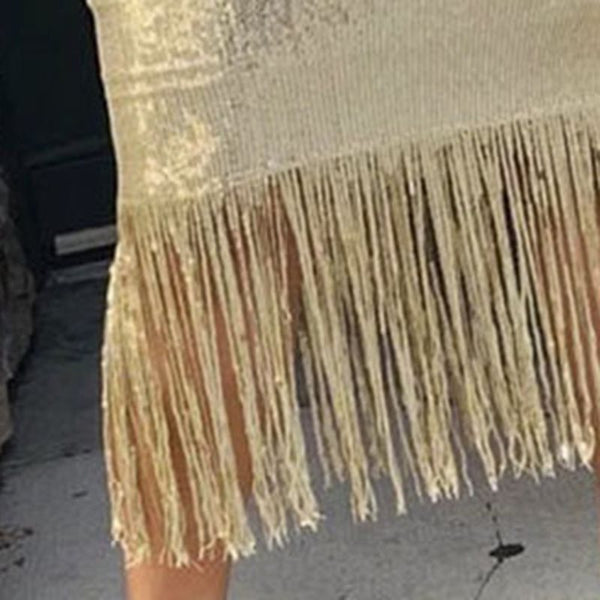 Spaghetti Strap Tassel Sleeveless Plain Pullover Sequins Dress