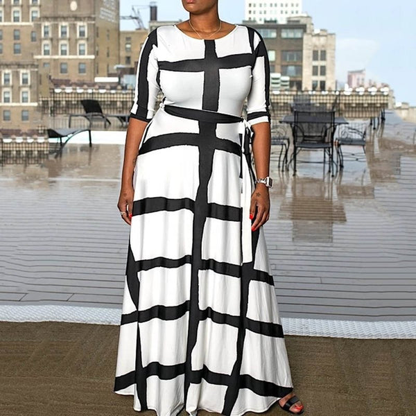 Striped A-Line O-Neck Ankle-Length High Waist Maxi Dress
