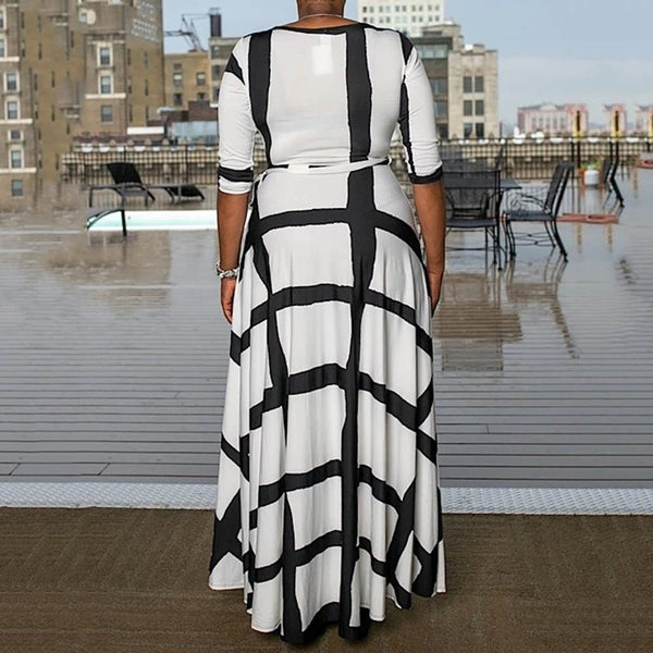 Striped A-Line O-Neck Ankle-Length High Waist Maxi Dress