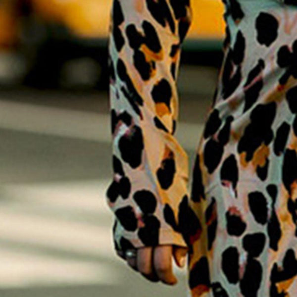 V-Neck Long Sleeve Slit Coffee Leopard Print Women's Maxi Dress