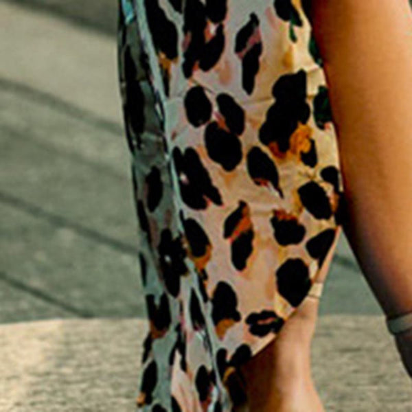 V-Neck Long Sleeve Slit Coffee Leopard Print Women's Maxi Dress