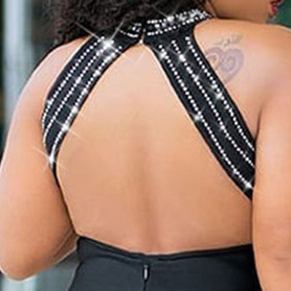 Backless Rhinestone Pencil Patchwork Stand Collar Women's Dress