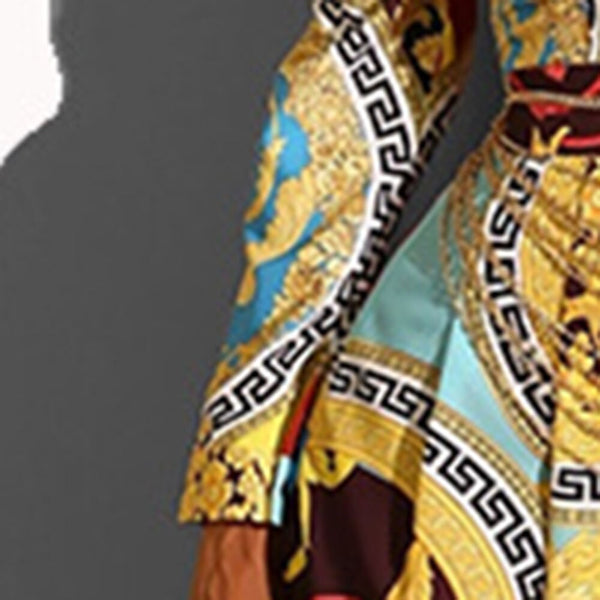 Color Block Long Sleeve Loose Turn-down Collar Print Midi Dress