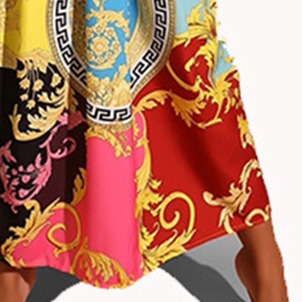 Color Block Long Sleeve Loose Turn-down Collar Print Midi Dress