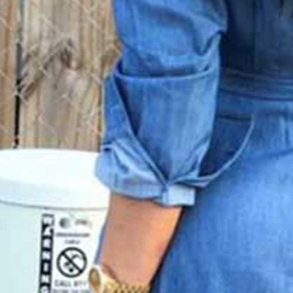 Lace Up Denim Long Sleeve Pockets Mid-Calf A-Line Midi Dress