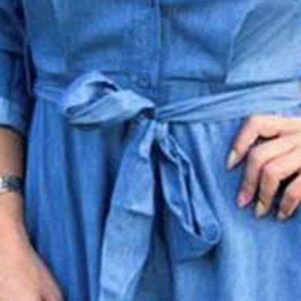 Lace Up Denim Long Sleeve Pockets Mid-Calf A-Line Midi Dress