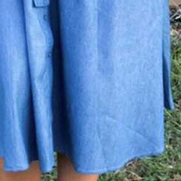 Lace Up Denim Long Sleeve Pockets Mid-Calf A-Line Midi Dress