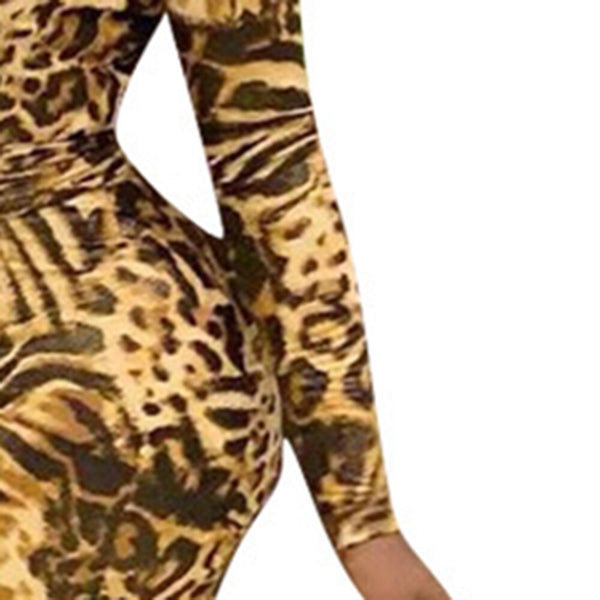 Leopard Printed O-Neck Long Sleeve Bodycon Belted Stretch Maxi Dress