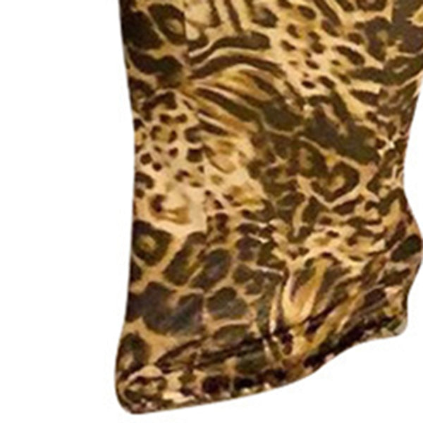 Leopard Printed O-Neck Long Sleeve Bodycon Belted Stretch Maxi Dress