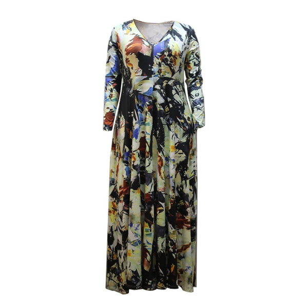 Three-Quarter Sleeve Pattern Print Ankle-Length V-Neck High Waist Maxi Dress