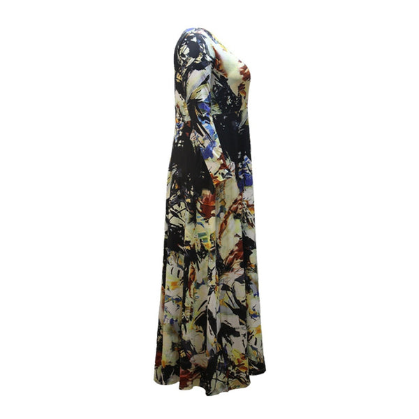 Three-Quarter Sleeve Pattern Print Ankle-Length V-Neck High Waist Maxi Dress