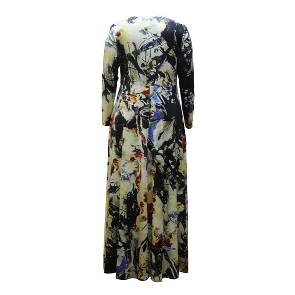 Three-Quarter Sleeve Pattern Print Ankle-Length V-Neck High Waist Maxi Dress