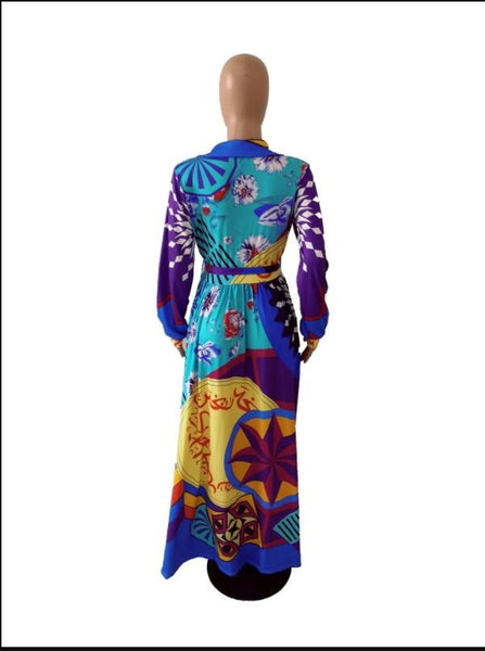 Turn-down Collar Color-Block Lapel Floor-Length Women's Maxi Dress