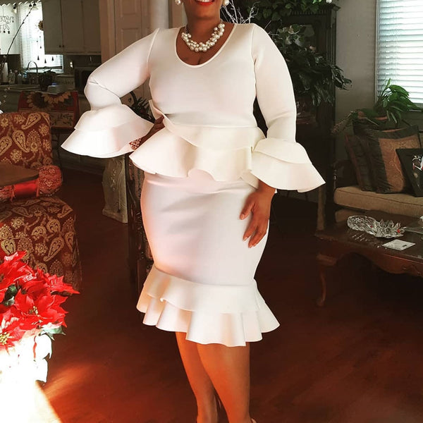 Falbala Mermaid Butterfly Sleeve Plain O-Neck Dinner Midi Dress