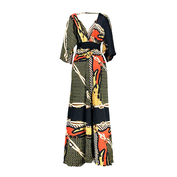 Asymmetrical High Waisted Three-Quarter Sleeve Patchwork Women's Dress