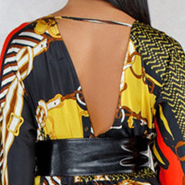 Asymmetrical High Waisted Three-Quarter Sleeve Patchwork Women's Dress